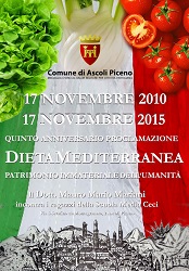 Locandina tricolore con testo 5 Anniversario proclamazione Dieta Mediterranea Patrimonio immateriale dell'Unanimità