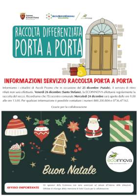 Informazioni sul servizio di raccolta rifiuti porta a porta - Giovedì 25 dicembre 2025