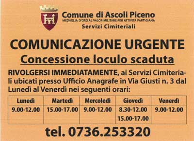 Segnalazione scadenza della concessione dei loculi cimiteriali