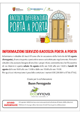 Informazioni sul servizio di raccolta rifiuti porta a porta - Venerdì 15 agosto 2025
