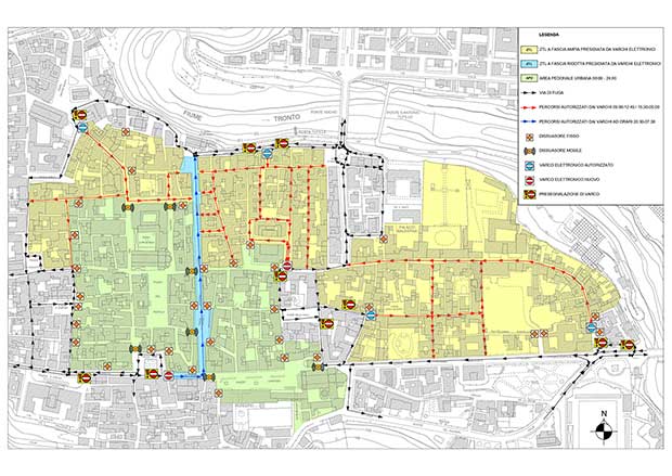 La mappa della dislocazine dei varchi nel centro storico di Ascoli Piceno