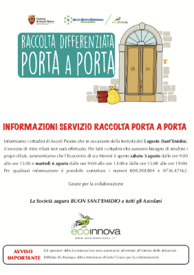 Informazioni sul servizio di raccolta rifiuti porta a porta - Lunedì 5 agosto 2024