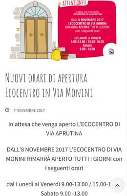 Nuovi orari di apertura Ecocentro in via Monini