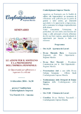 Seminario - Le azioni per il sostegno e la promozione dell'impresa femminile:le Opportunità per affrontare e superare le criticità
