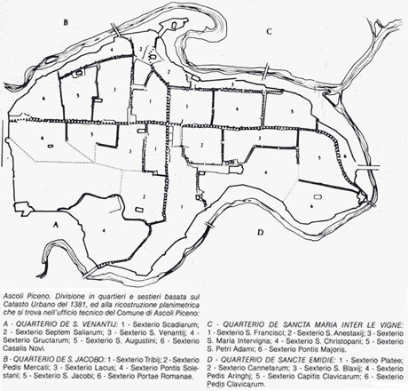Mappa di Ascoli Piceno, con la suddivisione in quartieri e sestieri